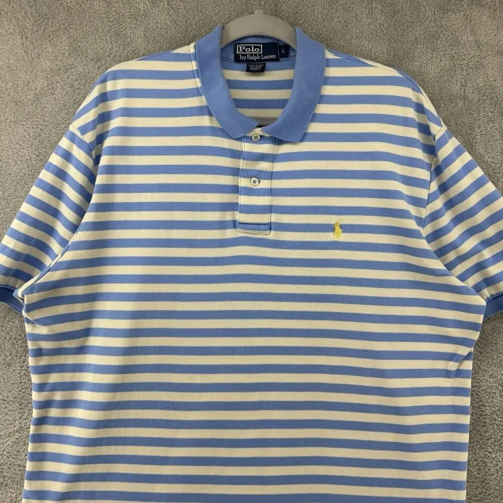 Polo Ralph Lauren Shirt Mens L Blue Striped Polo 1/4 Button Preppy Short Sleeve